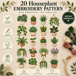 Puede incluir: Una guía de patrones de bordado titulada 20 Houseplant Embroidery Pattern que presenta veinte ilustraciones distintas de plantas en macetas, cactus y vegetación colgante, acompañadas de madejas de hilo y un bastidor de bordado de madera.