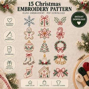 May include: A digital collection of 15 Christmas embroidery patterns featuring a snowflake, gift, holly, gingerbread man, poinsettia, candy cane, ornament, tree, wreath, ice skates, candle, bells, stocking, house, and bow on a light fabric background.