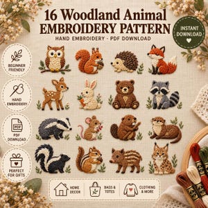 Könnte beinhalten: Eine Sammlung von 16 Waldtier-Stickmustern mit Eule, Eichhörnchen, Igel, Fuchs, Reh, Hase, Bär, Waschbär, Dachs, Maus, Biber, Otter, Stinktier, Streifenhörnchen, Wildschwein und Luchs, mit dem Text 16 Woodland Animal Embroidery Pattern.