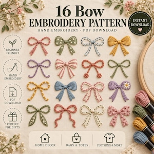 Può includere: Una guida per ricamo intitolata 16 Bow Embroidery Pattern, che presenta sedici disegni di fiocchi ricamati a mano in vari colori e texture, inclusi pois, righe e dettagli floreali, con icone per il download in formato PDF.