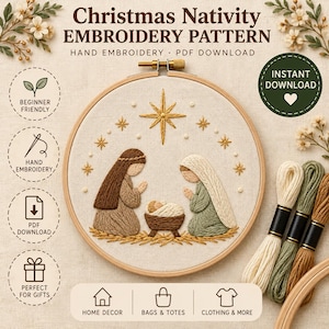 May include: A Christmas Nativity embroidery pattern in a wooden hoop featuring a central star, two figures, and a baby in a manger. The design includes text: Christmas Nativity EMBROIDERY PATTERN, HAND EMBROIDERY, PDF DOWNLOAD, INSTANT DOWNLOAD.