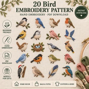 Puede incluir: Una colección digital de 20 patrones de bordado de aves que presenta varias especies coloridas, un nido con huevos y una pluma. El texto dice 20 Bird Embroidery Pattern, Hand Embroidery, PDF Download e Instant Download.