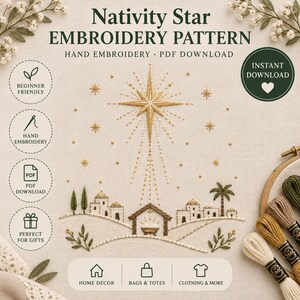 Könnte beinhalten: Ein Nativity Star Stickmuster mit einem großen zentralen Stern über einem kleinen Stall, Häusern und einer Palme. Das Design enthält den Text: Nativity Star Embroidery Pattern, Hand Embroidery, PDF Download, Instant Download, Beginner Friendly.