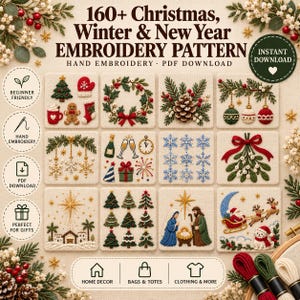 May include: A digital collection of 160+ Christmas, Winter, and New Year embroidery patterns featuring twelve square panels with festive motifs like trees, wreaths, snowflakes, nativity scenes, and Santa Claus, available as an instant PDF download.