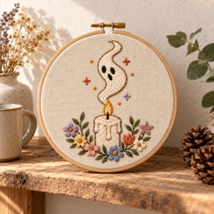 Ghost Candle Hand Embroidery Pattern, Spooky Halloween Floral Design ...
