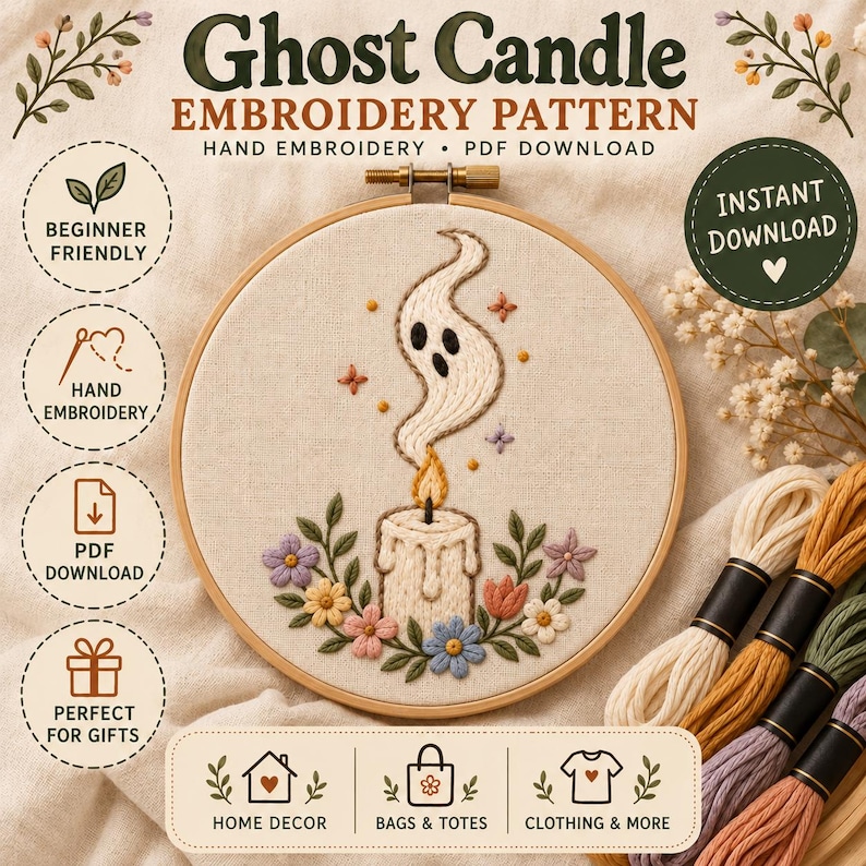 Ghost Candle Hand Embroidery Pattern, Spooky Halloween Floral Design ...