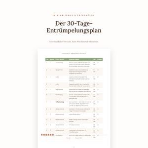 Peut inclure: Un document de plan de désencombrement de 30 jours intitulé Der 30-Tage-Entrümpelungsplan. La page présente un tableau avec des colonnes pour le jour, la semaine, la zone de focus, la tâche, le temps et une case à cocher. Texte en allemand.