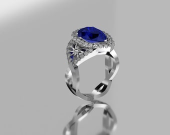 Platinum 11x8 mm Pear Shape Halo Sapphire Engegament  Ring With 42 - 1.5 MM Round Diamonds Accented With The Sun And Moon