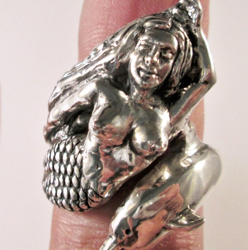 Sterling Silver Mermaid and Dolphin Ring Swimming Together image 1