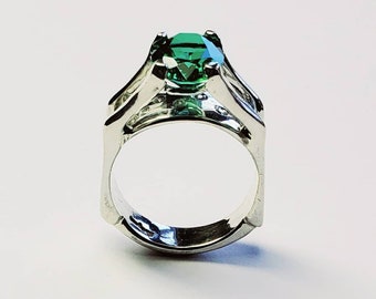 Sterling Silver 10x8 mm Oval Emerald Designer Ring with Accent Stones