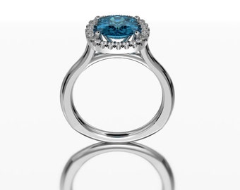 14KT White Gold Cushion Cut Swiss Blue Topaz Ring With Diamond Halo