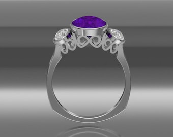 14 KT White Gold Designer Ring With  10x8 MM Oval Amethyst And Two 6X4 MM Oval Moon Stones Set In Bezels