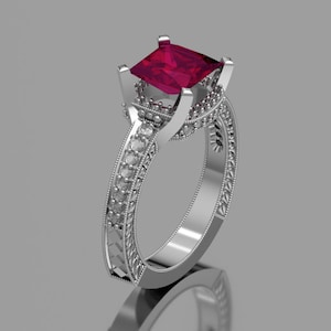 Sterling Silver 7x7 mm Princess Cut Ruby Designer Ring With Accent Stones