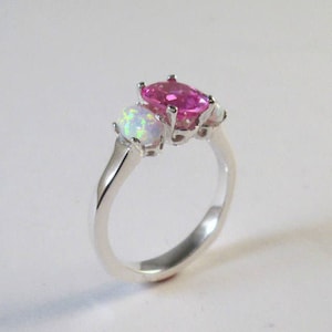 Sterling Silver Pink Tourmaline And Opal Three Stone Designer Ring Size 8