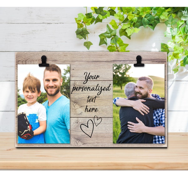 Personalized wood photo frame which holds two photos, Father's Day, graduation, engagement, teacher, grandparents, wedding, friend, aunt
