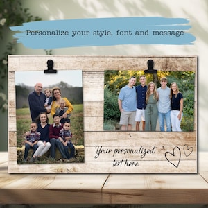 Personalized wood photo frame holds two 4 x 6 photos, favorite quote/custom message, wedding, grandparents, family, aunt, uncle, cousins