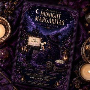 May include: A rectangular invitation card for a Midnight Margaritas movie night. The design features a witch in a purple hat, a black cat, a castle, and a screen showing Hocus Pocus. Text includes event details, date, time, and location in Salem, MA.