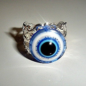 Greek Evil Eye Hamsa Kabbalah Protector Filigree Ring  Luck