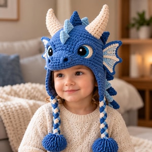 May include: A blue crochet hat shaped like a dragon, featuring two cream-colored horns, light blue spikes along the top, and side wings. The hat includes two long braided tassels with blue pom-poms at the ends and large, detailed eyes.