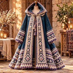 May include: A floor-length hooded cloak crafted from dark blue crochet fabric, featuring intricate cream and lavender floral motifs along the borders, wide sleeves, and a decorative metal clasp with hanging tassels at the neckline.