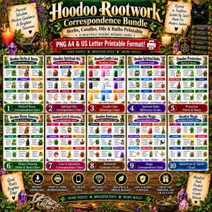 Könnte beinhalten: Eine digitale Sammlung von zehn Hoodoo Rootwork Korrespondenztabellen mit Kräutern, Kerzen, Ölen und Bädern. Das druckbare Set enthält Referenzleitfäden für spirituelle Praktiken im A4- und US-Letter-Format mit detailliertem Text.