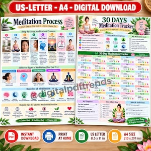 May include: Two digital meditation guide sheets featuring a Meditation Process chart and a 30 Days Meditation Tracker. The documents include step-by-step instructions, types of meditation, benefits, and daily progress logs with text in English.