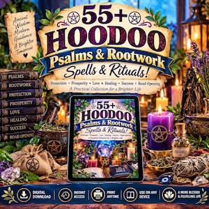 以下が含まれることがあります： 「55+ Hoodoo Psalms & Rootwork Spells & Rituals」と題されたデジタルブックカバー。五芒星が描かれた紫色のキャンドル、乳鉢と乳棒、五芒星付きの麻袋、水晶玉が写っています。テキストにはProtection、Prosperity、Love、Healing、Success、Road Openingが含まれています。