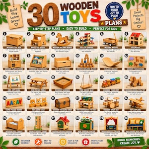 以下が含まれることがあります： 30 Wooden Toys Plansと題されたデジタルガイドで、おもちゃ箱、木馬、ドールハウス、バランスボード、列車セット、作業台など、30種類の木製プロジェクトの番号付きイラストがグリッド状に並んでおり、ステップバイステップの組み立て手順が記載されています。