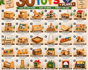 May include: A digital guide titled 30 Wooden Toys Plans featuring a grid of thirty numbered illustrations of various wooden projects including a toy box, rocking horse, dollhouse, balance board, train set, and workbench with step-by-step instructions.