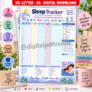 May include: A digital sleep tracker template featuring a monthly log with columns for bedtime, wake time, total sleep, and sleep quality. The document includes sections for sleep goals, notes, and summaries, decorated with illustrations of clouds, stars, and a person sleeping.