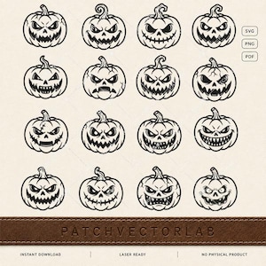 Puede incluir: Una colección de dieciséis ilustraciones digitales en blanco y negro de calabazas con diversas expresiones faciales amenazantes. Los gráficos están dispuestos en una cuadrícula y el texto PATCHVECTORLAB es visible en una franja marrón en la parte inferior.