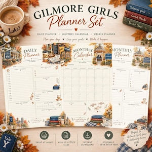 Puede incluir: Un conjunto de planificadores Gilmore Girls que incluye un planificador diario, un calendario mensual y un planificador mensual. Las páginas muestran ilustraciones de una cafetería, un cenador y libros, con texto como Daily Planner y Monthly Calendar.