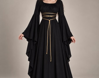 Abito da strega gotico medievale da donna, abito nero con maniche a campana e allacciatura in vita (costume per adulti)