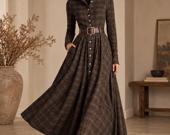 Vintage Plaid Shirt Dress, Long Sleeve Button-Down Maxi, Pleated A-Line Belted Fall Dress