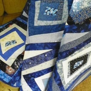 Blue and white crazy lap quilt