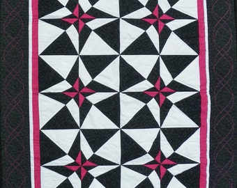Geometric Quilt, Black White Fuchsia, Modern Baby Lap Quilt