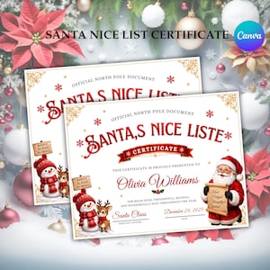 Peut inclure: Un certificat Santa Nice List imprimé sur papier blanc avec des bordures dorées. Le texte indique Santa's Nice List, Certificate, Olivia Williams et December 24, 2025. Il présente des illustrations d'un bonhomme de neige, d'un renne et du Père Noël.