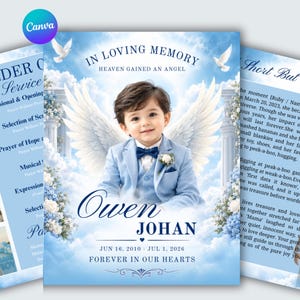 May include: A memorial program featuring a young child in a light blue suit with white angel wings, set against a sky background with clouds, white pillars, and flowers. Text includes IN LOVING MEMORY, HEAVEN GAINED AN ANGEL, OWEN JOHAN, and dates.