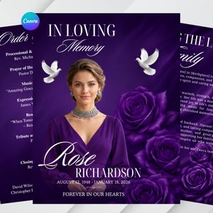 May include: A funeral program template featuring a deep purple background with large purple roses, two white doves, and a central portrait of a person wearing a purple dress and a silver necklace. Text includes In Loving Memory, Rose Richardson, and dates.