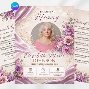 May include: A funeral program template featuring a portrait of a person in a pink top, surrounded by purple lilac floral arrangements and draped pink satin fabric. Text includes In Loving Memory, Elizabeth Marie Johnson, and event details.