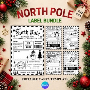 May include: A North Pole Express Mail label bundle featuring five black and white printable templates with Christmas graphics, including a snowman, Santa Claus, and reindeer. The designs include fields for delivery dates, tracking numbers, and shipping details.
