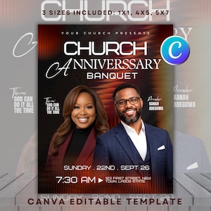 Könnte beinhalten: Eine digitale Flyer-Vorlage für ein Kirchenjubiläumsbankett mit einem Mann und einer Frau in professioneller Kleidung. Der Text lautet: Your Church Presents Church Anniversary Banquet, Theme: God Can Do It All The Time, Preacher: Kanah Adeguwa, Sunday 22nd Sept 26, 7:30 AM, 123 First Street, New Town, Lagos State.