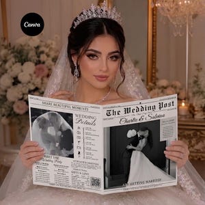 Könnte beinhalten: Eine personalisierte Hochzeitszeitung mit dem Titel The Wedding Post, die schwarz-weiße Fotos eines Paares, einen detaillierten Zeitplan für die Veranstaltung sowie die Namen Charlie und Sabrina auf weißem Papier zeigt.