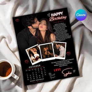 Op de afbeelding: Een gepersonaliseerde verjaardagskalenderposter met een grote foto van een koppel, twee kleinere foto's in polaroidstijl en de tekst Happy Birthday, October en Love Sophia. De zwarte achtergrond bevat rode hartjes en geschreven teksten.