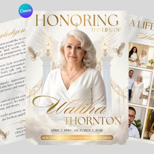 Könnte beinhalten: Eine Trauerprogramm-Vorlage mit dem Titel HONORING THE LIFE OF WALIHA THORNTON, die ein Porträt einer Person mit weißem Haar in einem weißen Oberteil zeigt, umgeben von weißen Flügeln, Tauben und goldenen Toren, mit den Daten 7. April 1990 - 3. Oktober 2026.