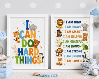 Boys Room Wall Prints, Set of 2 Playroom Prints, Affirmations for Kids, Kids Motivational Wall Art, I Can Do Hard Things Poster Set
