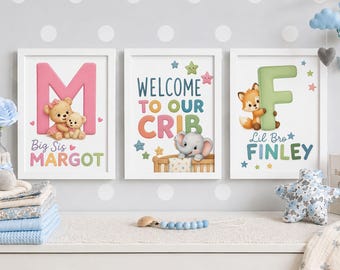 Custom Sibling Nursery Decor Set of 3, Shared Room Wall Art, Big Sister Little Brother Prints, Welcome to Our Crib, Animal Name Posters
