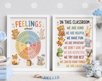 In This Clasrom Rules Poster Set of 2, Feelings Wheel Print, Cute Animal Classroom Decor, Counselor Office Wal Art, Back to School Printable
