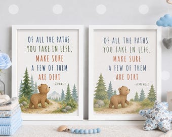 John Muir Quote Print Set of 2, Cute Woodland Bear Nursery Wall Art, Adventure Playroom Decor, Outdoor Nature Poster