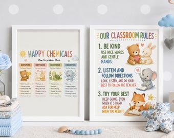 Our Classrom Rules Poster Set of 2, Happy Chemicals Print, Cute Animal Classroom Decor, School Counselor Office Art, Back to Schol Printable
